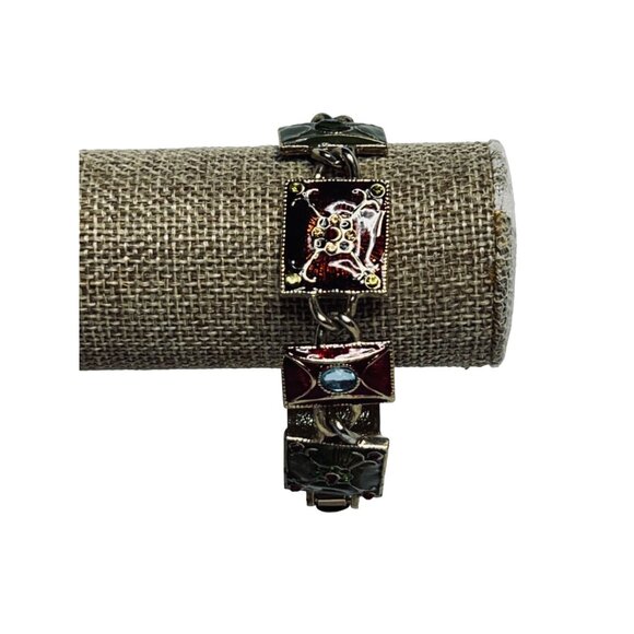 Liz Claiborne Gold Tone, Green & Red Enamel And Rhinestone Link Bracelet (5392) - Picture 2 of 8